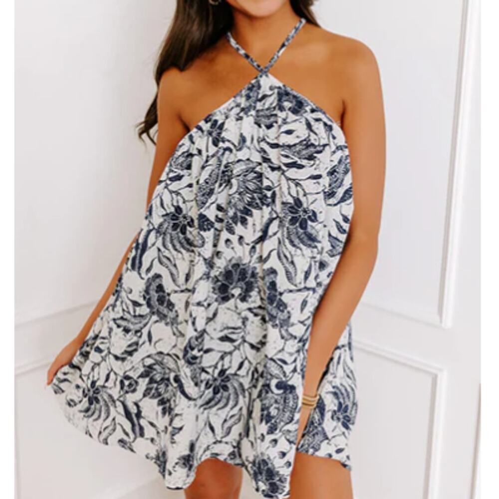 Bucket List Dress Medium Navy Mini Flowy Pocket Feminine Resort Cruise Cover Up‎